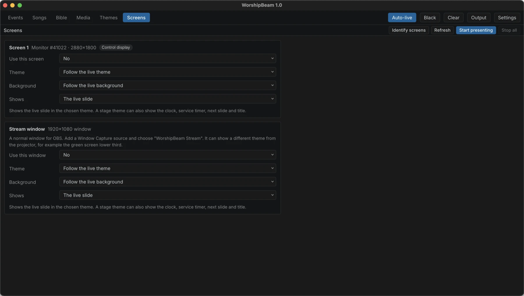 The Screens page, with a setting for each screen and a separate stream window for OBS